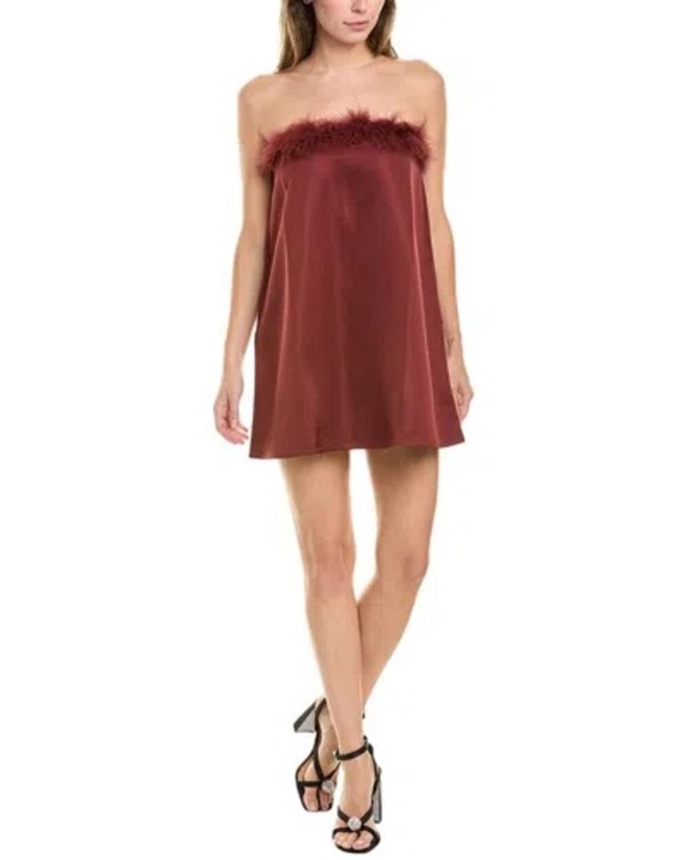 WeWoreWhat Maroon Brown Strapless Ostrich Feather Trim Satin Mini Dress Size 0